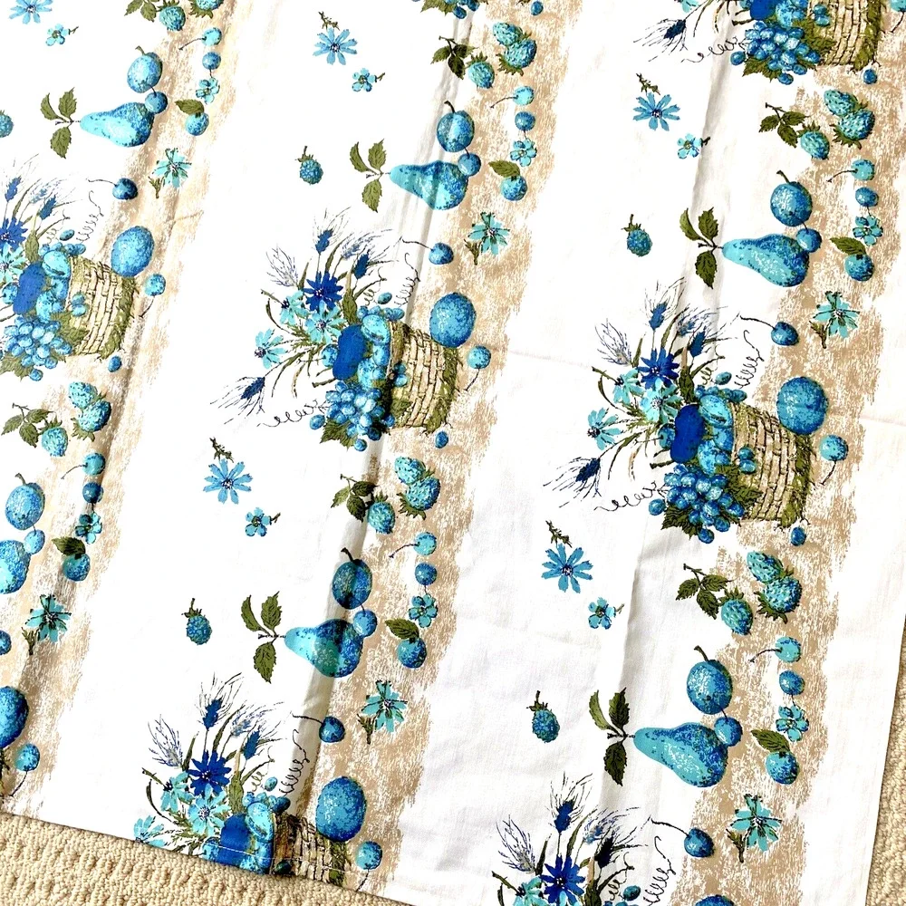 Vintage Tablecloth 70’s Handmade Picnic Buffet Cloth Aqua Blue Tan Fruit Basket